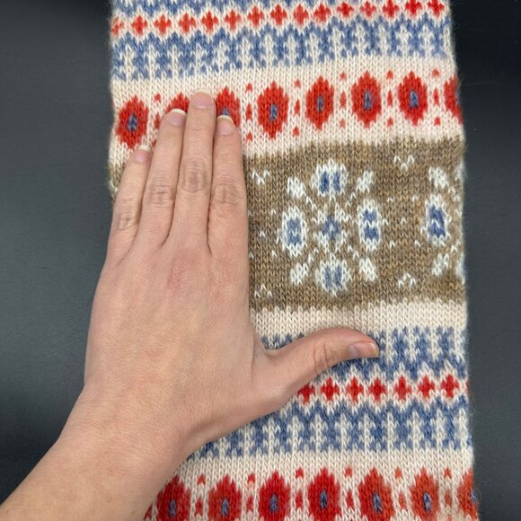 Vintage Knit Scarf 1980s Acrylic USA Fringe Winter Red Blue Tan Folk Retro - Picture 4 of 7